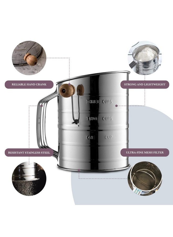 Bellemain Bellemain 3 Cup Flour Sifter for Baking Fine Mesh Rotary Hand Crank with Loop Agitator for Quick Sifting, Flour Sifter Stainlees Steel  - Image 2