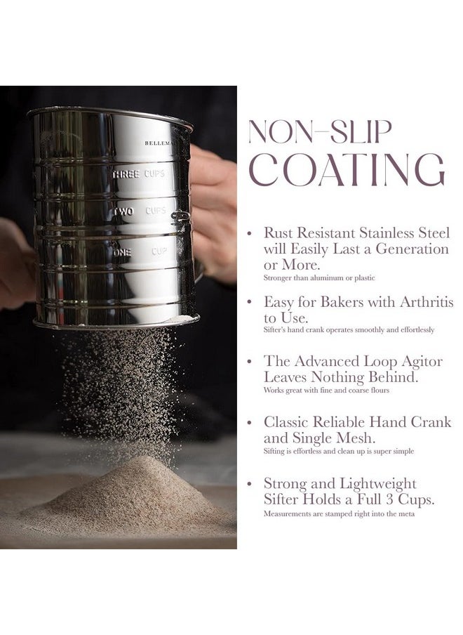 Bellemain Bellemain 3 Cup Flour Sifter for Baking Fine Mesh Rotary Hand Crank with Loop Agitator for Quick Sifting, Flour Sifter Stainlees Steel  - Image 5