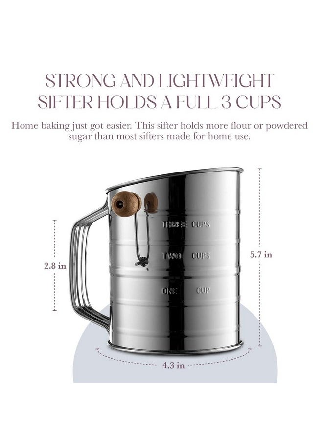 Bellemain Bellemain 3 Cup Flour Sifter for Baking Fine Mesh Rotary Hand Crank with Loop Agitator for Quick Sifting, Flour Sifter Stainlees Steel  - Image 3