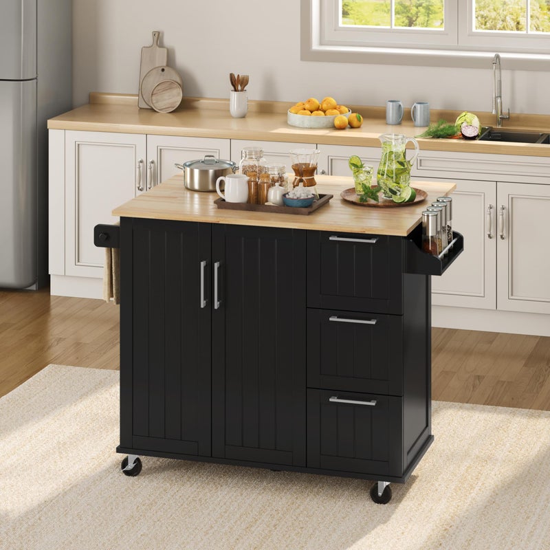 Yaheetech Kitchen Island Cart with DropLeaf Countertop Rolling Kitchen Island Breakfast Bar Table on Wheels with Storage Cabinet  3 Drawers  Spice Rack for Dinning Room 49 Width Black
