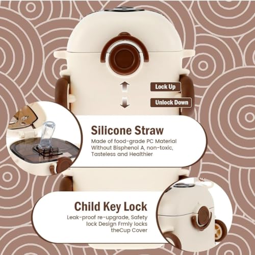 IKTU Bus Water Bottle for Kids With Strap, Sipper & Straw (500ml) | Leakproof, BPA Free With Lock | Cute Bus Shaped Tritan Bottle For Girls & Boys (Beige) - Image 4