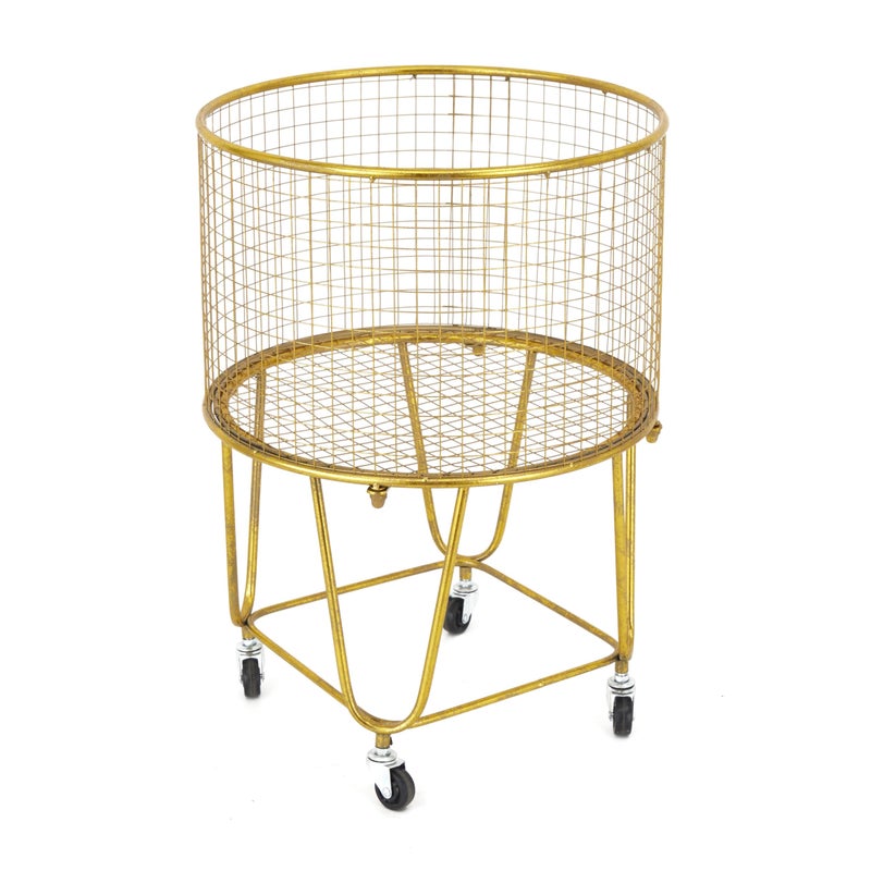 Deco 79 Metal Storage Cart Deep Set Metal Mesh Laundry Basket with Wheels 16L x 16W x 2495H Gold