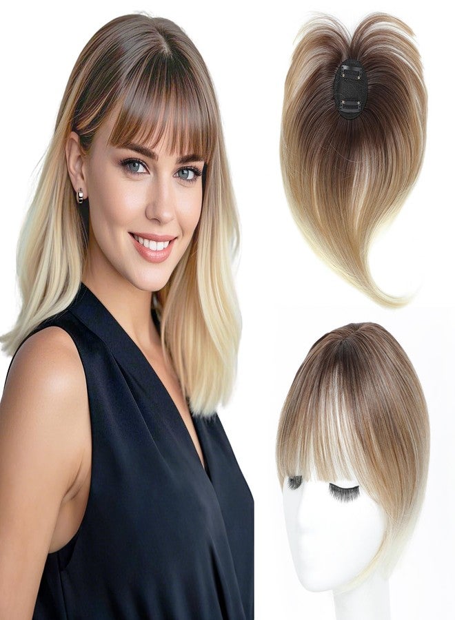 Cesomeey Hair Topper Clip in Bangs, 360° 3D Cover Hair Toppers for Women with Thinning Hairs,Upgrade Topper Bang Clip,10 Inch Straight Hairs Pieces for Women(Ombre Mix Blonde with Dark Root to Blonde) - Image 1