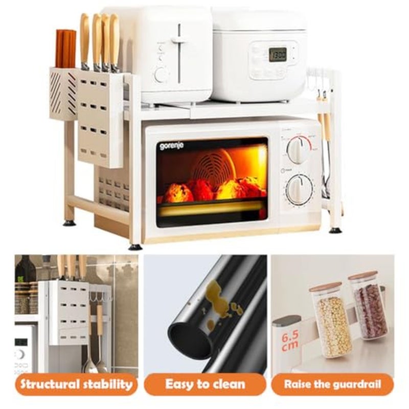 Kitchen countertop organizer with 2-tier adjustable stainless steel rack, white finish, for microwave oven and cutting boards, includes 6 hooks and space-saving extendable design - Image 3