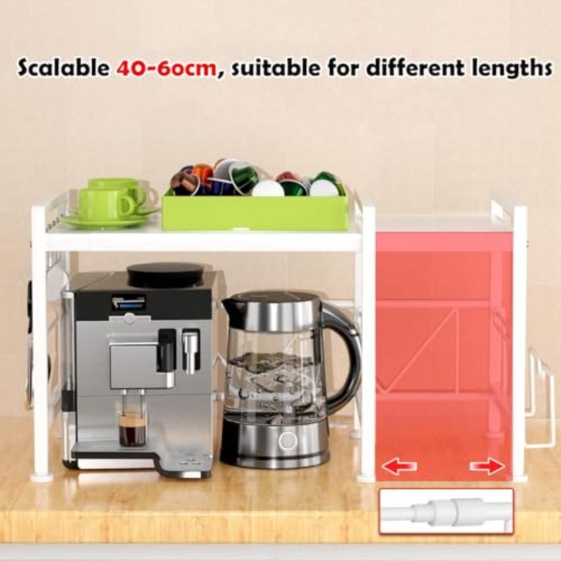 Kitchen countertop organizer with 2-tier adjustable stainless steel rack, white finish, for microwave oven and cutting boards, includes 6 hooks and space-saving extendable design - Image 4