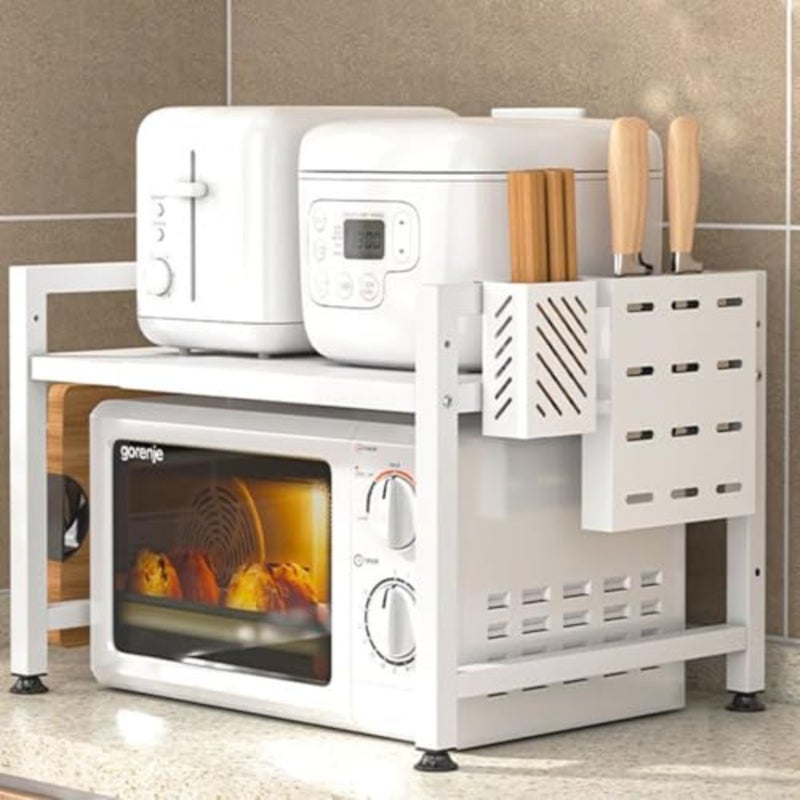 Kitchen countertop organizer with 2-tier adjustable stainless steel rack, white finish, for microwave oven and cutting boards, includes 6 hooks and space-saving extendable design - Image 1