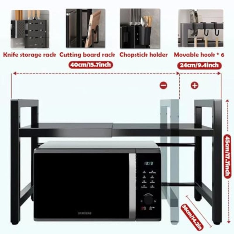 Kitchen countertop organizer with 2-tier adjustable stainless steel rack, white finish, for microwave oven and cutting boards, includes 6 hooks and space-saving extendable design - Image 2