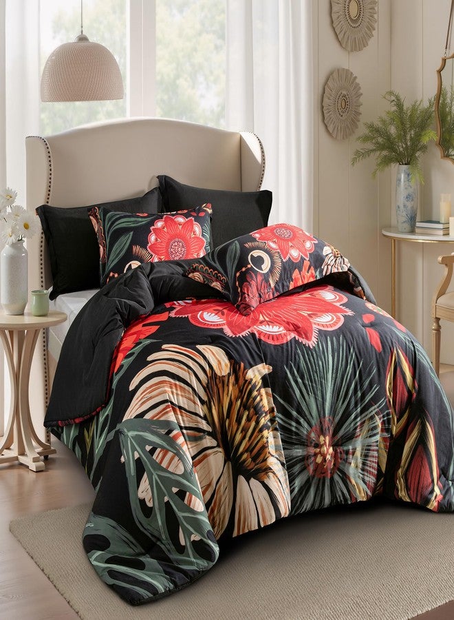 Tyrot Black Red Boho Floral Queen Comforter Set - 3 Piece Farmhouse Botanical Bedding Comforter Sets for All Season Soft Lightweight Mid Century Bed Set, (1 Reversible Comforter and 2 Pillow Shams - Image 3