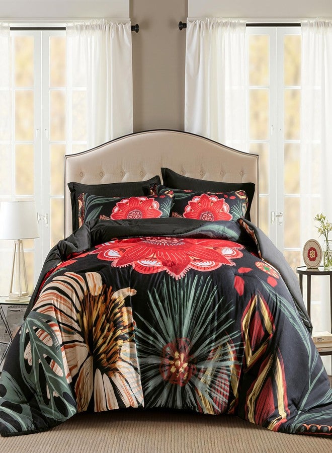 Tyrot Black Red Boho Floral Queen Comforter Set - 3 Piece Farmhouse Botanical Bedding Comforter Sets for All Season Soft Lightweight Mid Century Bed Set, (1 Reversible Comforter and 2 Pillow Shams - Image 1