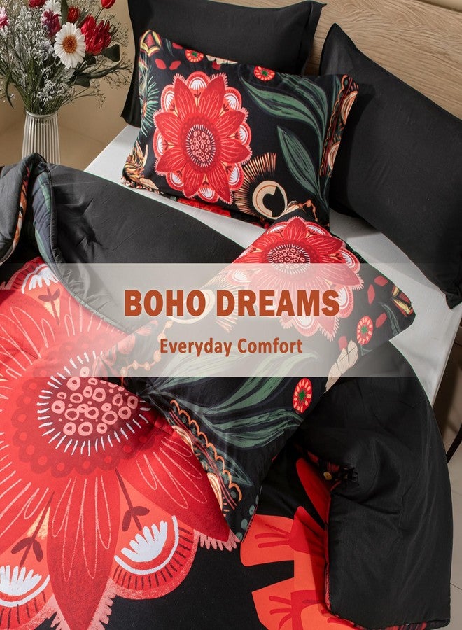 Tyrot Black Red Boho Floral Queen Comforter Set - 3 Piece Farmhouse Botanical Bedding Comforter Sets for All Season Soft Lightweight Mid Century Bed Set, (1 Reversible Comforter and 2 Pillow Shams - Image 2