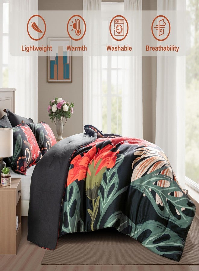 Tyrot Black Red Boho Floral Queen Comforter Set - 3 Piece Farmhouse Botanical Bedding Comforter Sets for All Season Soft Lightweight Mid Century Bed Set, (1 Reversible Comforter and 2 Pillow Shams - Image 4