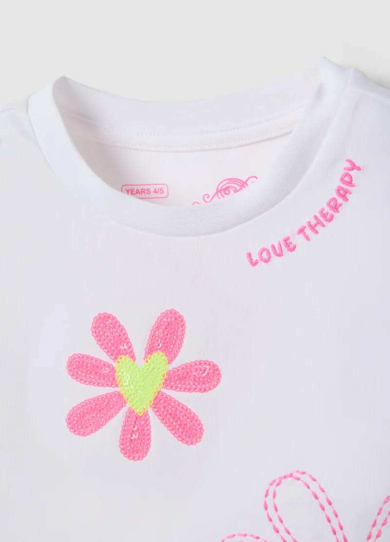 Ovs  OVS White Girl'S Stretch Cotton T-Shirt With Embroidered Flowers for Women | Best Price UAE