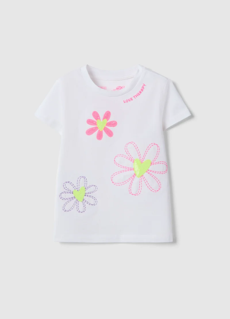 Ovs OVS White Girl'S Stretch Cotton T-Shirt With Embroidered Flowers