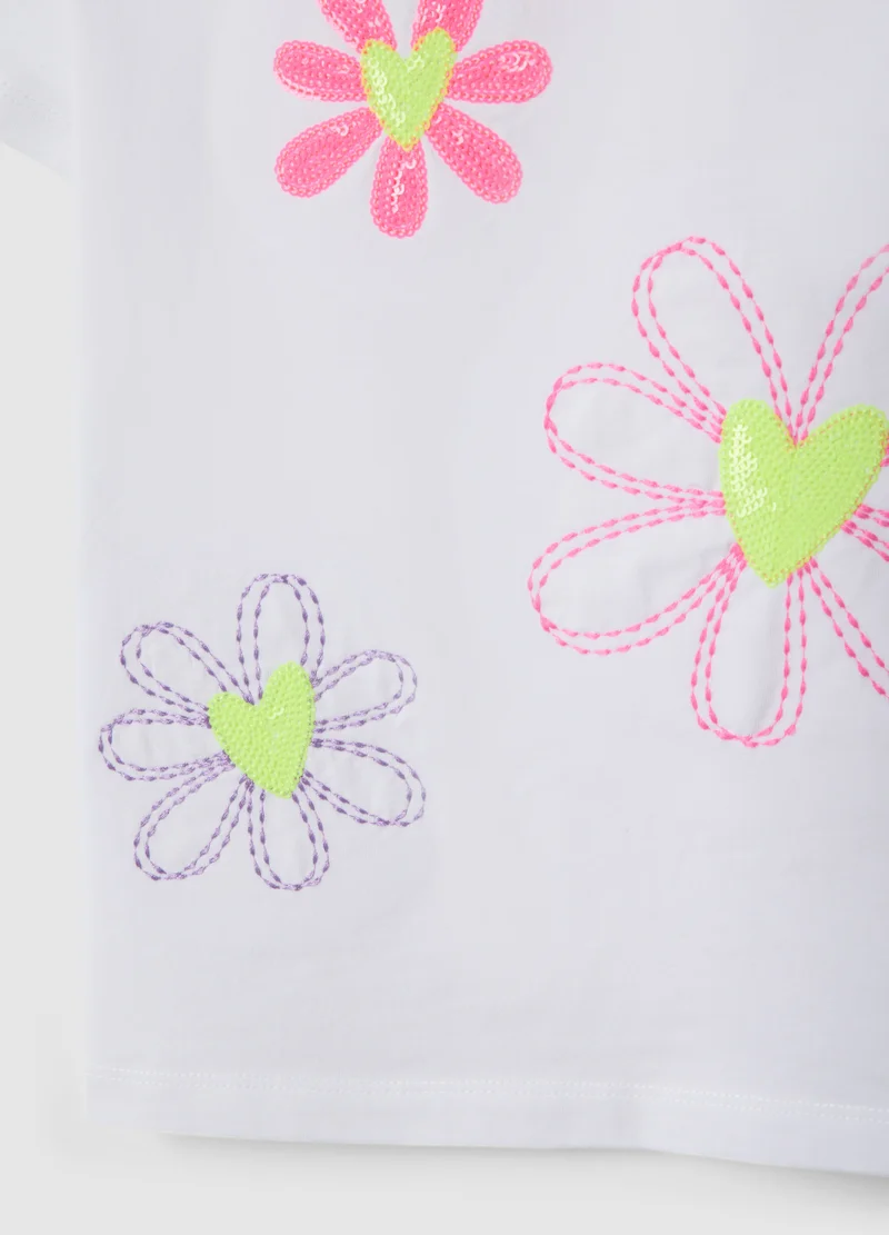 Ovs  OVS White Girl'S Stretch Cotton T-Shirt With Embroidered Flowers for Women | Best Price UAE
