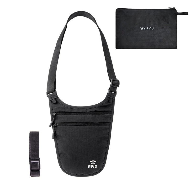 YIPINU Crossbody Money Belt for Travel Women & Men Hidden, Travel Wallet Pouch - Slim Passport Holde, RFID Blocking Neck Wallet Under Clothes to Protect Cash, Credit Cards and Documents (BLACK) - Image 1