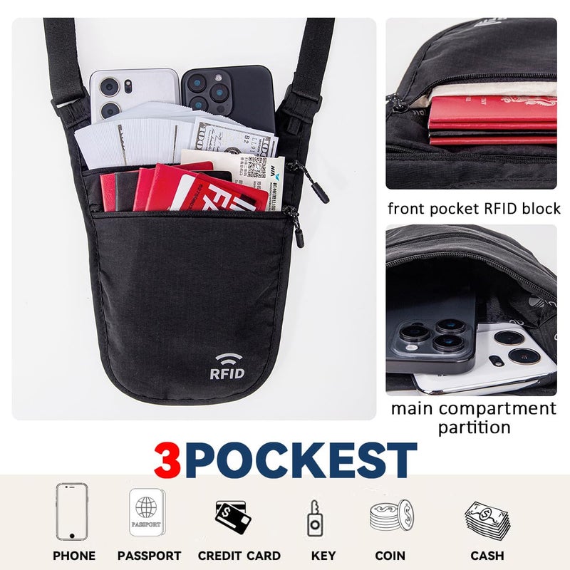 YIPINU Crossbody Money Belt for Travel Women & Men Hidden, Travel Wallet Pouch - Slim Passport Holde, RFID Blocking Neck Wallet Under Clothes to Protect Cash, Credit Cards and Documents (BLACK) - Image 5