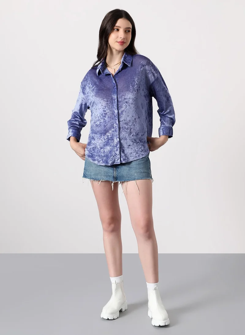 PINACOLADA Women's Solid Velvet Oversized Shirt | Spread Collar , Long Single-Button Cuff Sleeves, Button Closure | Solid Textured | Woven Shirt For Casual & Daily Wear | Cornflower Blue