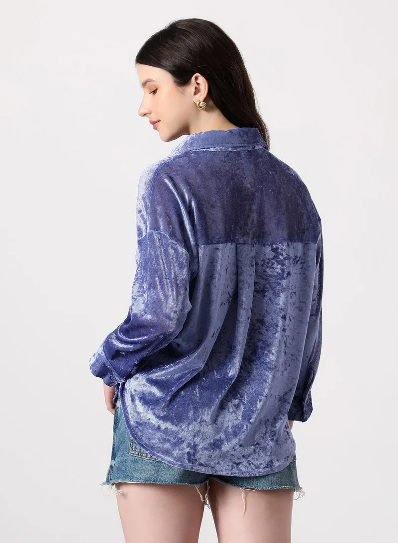 PINACOLADA Women's Solid Velvet Oversized Shirt | Spread Collar , Long Single-Button Cuff Sleeves, Button Closure | Solid Textured | Woven Shirt For Casual & Daily Wear | Cornflower Blue