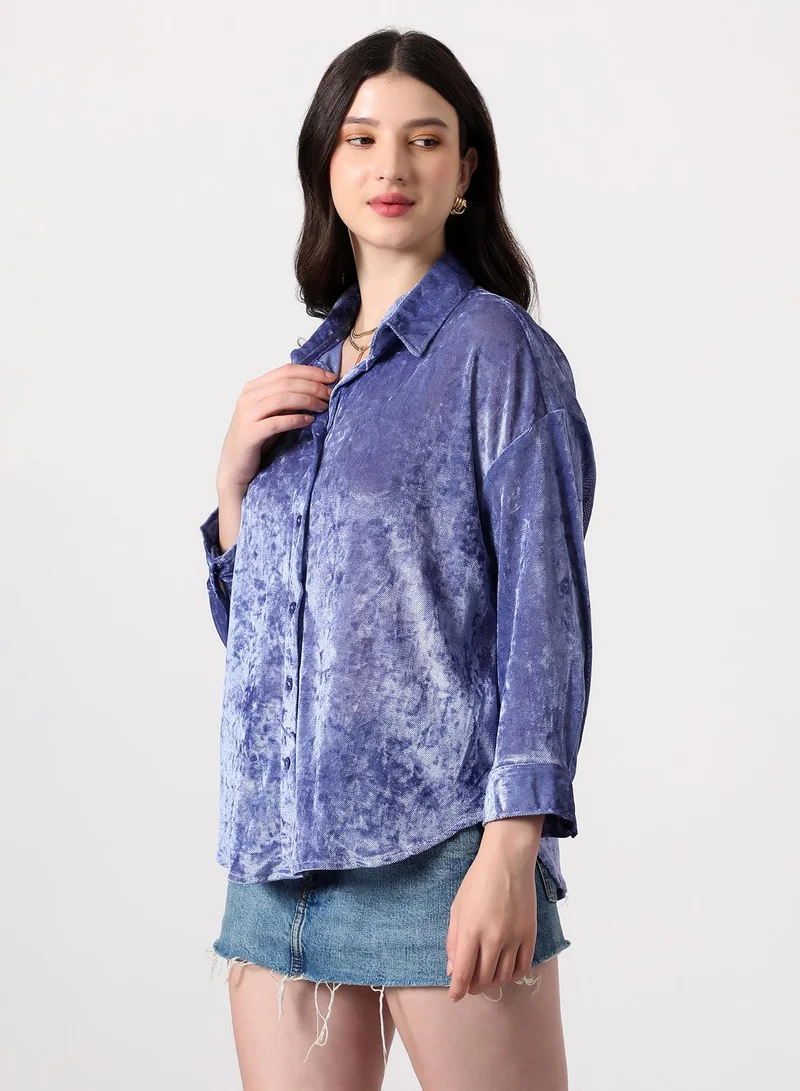 PINACOLADA Women's Solid Velvet Oversized Shirt | Spread Collar , Long Single-Button Cuff Sleeves, Button Closure | Solid Textured | Woven Shirt For Casual & Daily Wear | Cornflower Blue