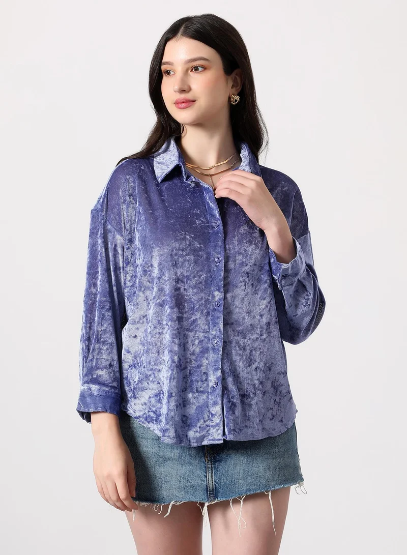 بينيا كولادا Women's Solid Velvet Oversized Shirt | Spread Collar , Long Single-Button Cuff Sleeves, Button Closure | Solid Textured | Woven Shirt For Casual & Daily Wear | Cornflower Blue