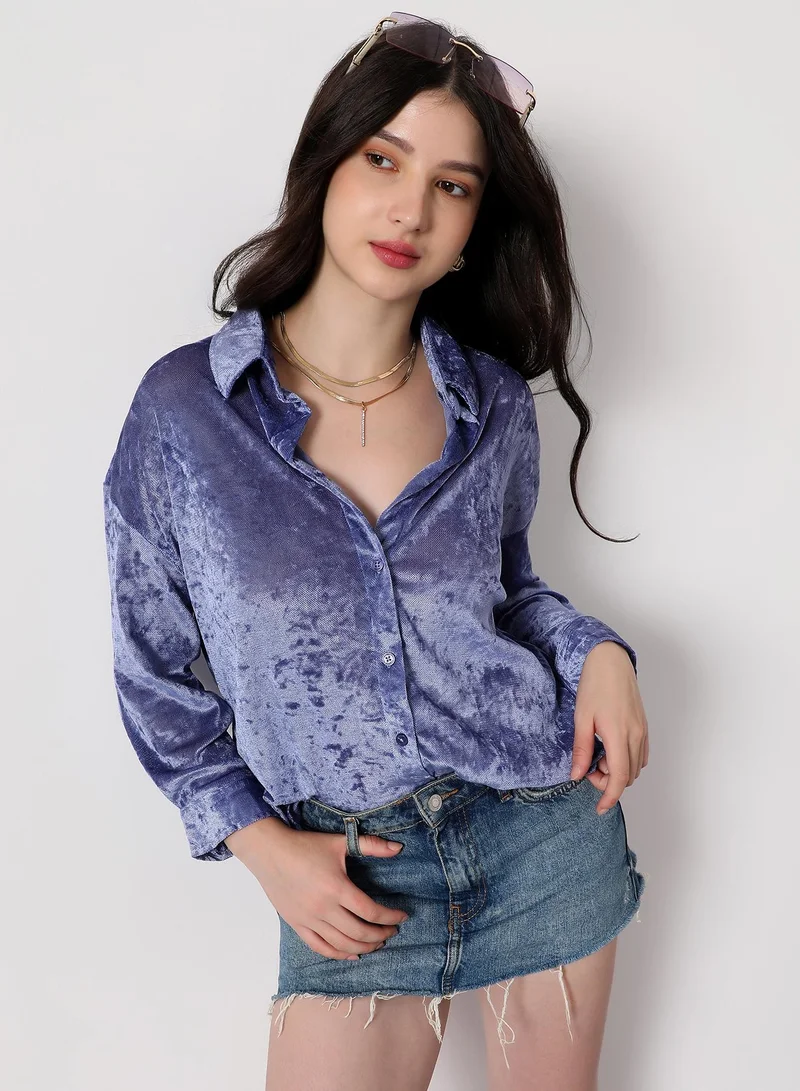 بينيا كولادا Women's Solid Velvet Oversized Shirt | Spread Collar , Long Single-Button Cuff Sleeves, Button Closure | Solid Textured | Woven Shirt For Casual & Daily Wear | Cornflower Blue