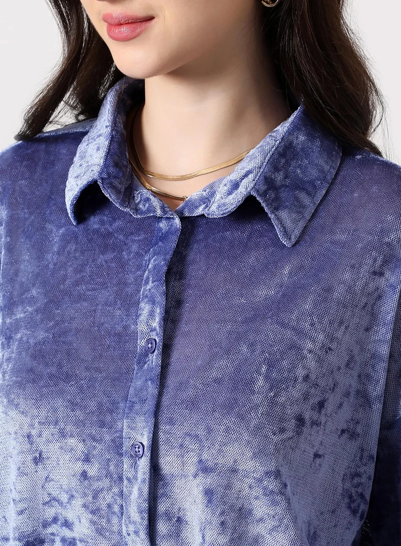 PINACOLADA Women's Solid Velvet Oversized Shirt | Spread Collar , Long Single-Button Cuff Sleeves, Button Closure | Solid Textured | Woven Shirt For Casual & Daily Wear | Cornflower Blue