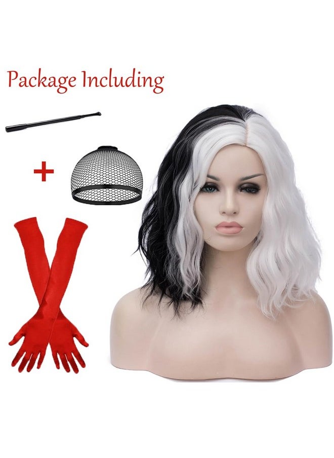 Mildiso - Black White Wigs For Cruella Deville Costume Women Cruella Deville Wig With Gloves Short Curly Wavy Hair Wig With Wig Cap M126Bw - Image 1
