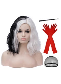 Black White Wigs For Cruella Deville Costume Women Cruella Deville Wig With Gloves Short Curly Wavy Hair Wig With Wig Cap M126Bw