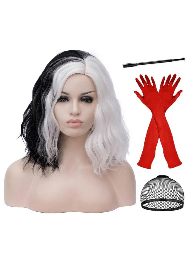 Mildiso - Black White Wigs For Cruella Deville Costume Women Cruella Deville Wig With Gloves Short Curly Wavy Hair Wig With Wig Cap M126Bw - Image 1