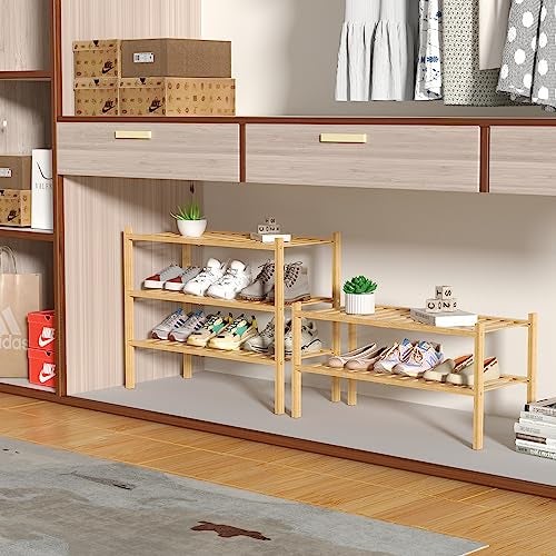 ROMGUAR CRAFT 3 Tier Bamboo Shoe Rack for Closet Free Standing Wood Shoe Shelf Storage Organizer for Entryway Small Space Stackable 27"x11"x20" (Natural) - Image 3