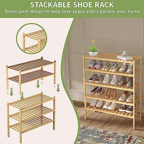 ROMGUAR CRAFT 3 Tier Bamboo Shoe Rack for Closet Free Standing Wood Shoe Shelf Storage Organizer for Entryway Small Space Stackable 27"x11"x20" (Natural) - Image 4