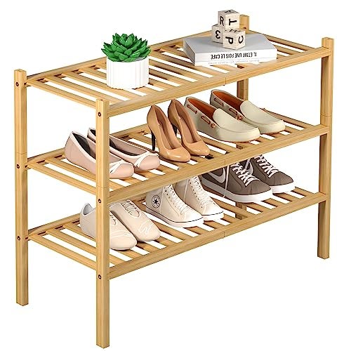 ROMGUAR CRAFT 3 Tier Bamboo Shoe Rack for Closet Free Standing Wood Shoe Shelf Storage Organizer for Entryway Small Space Stackable 27"x11"x20" (Natural) - Image 1