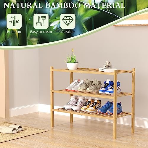 ROMGUAR CRAFT 3 Tier Bamboo Shoe Rack for Closet Free Standing Wood Shoe Shelf Storage Organizer for Entryway Small Space Stackable 27"x11"x20" (Natural) - Image 5