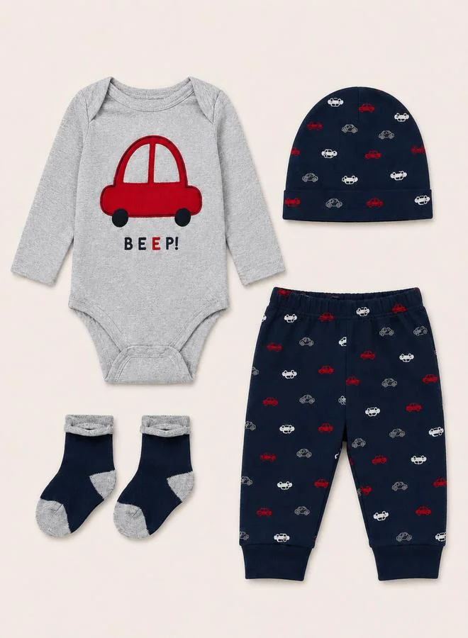 Mothers Choice Baby Boy Car Print Bodysuit, Leggings, Hat and Socks Set - 4 Pieces