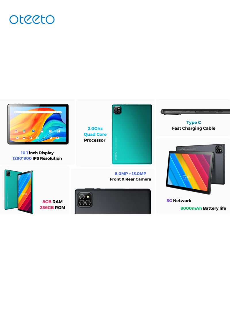 TAB 10 Tablet/8GB RAM + 256 GB ROM/Quad Core 2.0 GHz/5G Network/8000 mAh/8MP Front + 13 MP Rear Camera/Android 13/10.1 Inches IPS LCD/Includes Flip Cover Case,Keyboard,Touch Pen,Tempered Glass,OTG