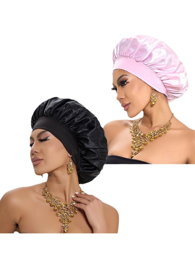 Generic 2Pcs Silk Bonnet for Sleeping, Satin Hair Bonnets, Soft Elastic Band Silk Sleep Cap, Hair Wrap for Women(Black+Pink)  - Image 1