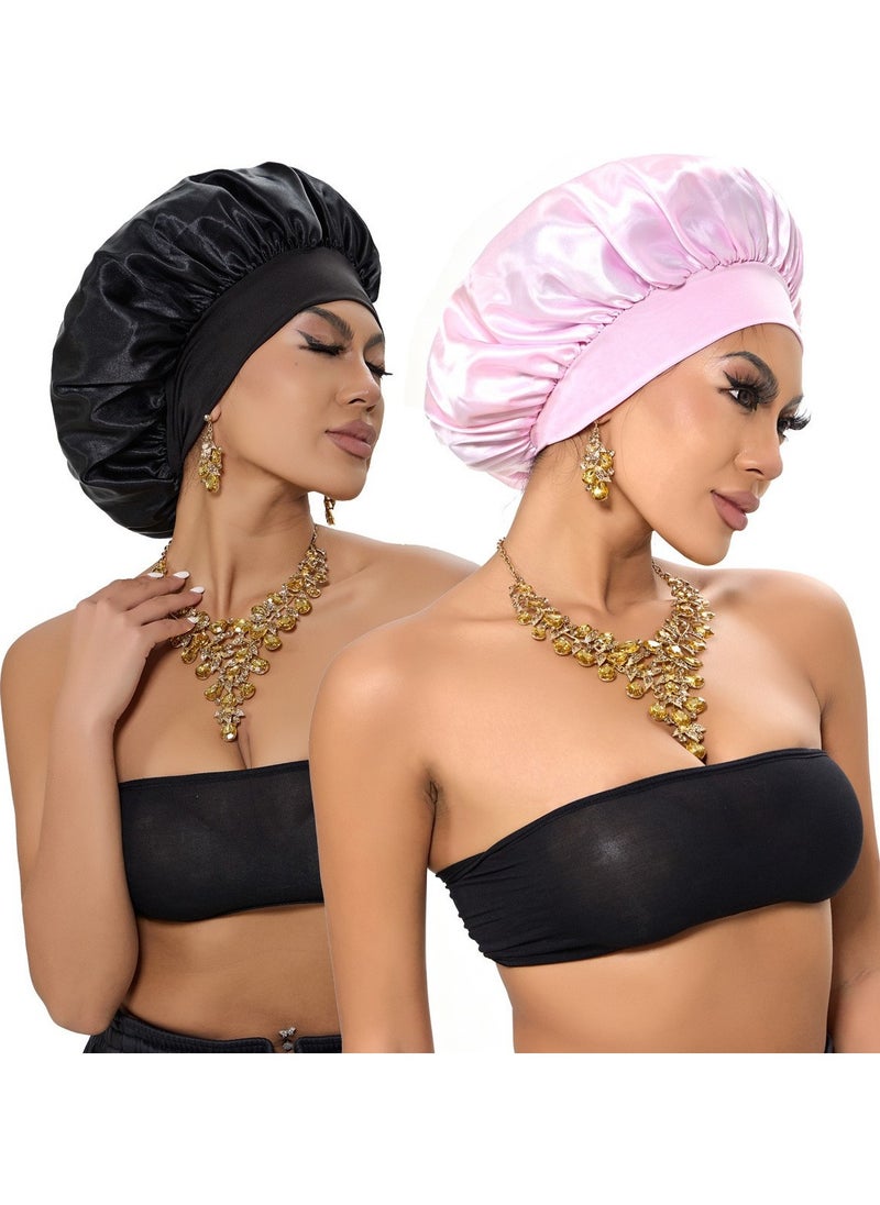 Generic 2Pcs Silk Bonnet for Sleeping, Satin Hair Bonnets, Soft Elastic Band Silk Sleep Cap, Hair Wrap for Women(Black+Pink)  - Image 2