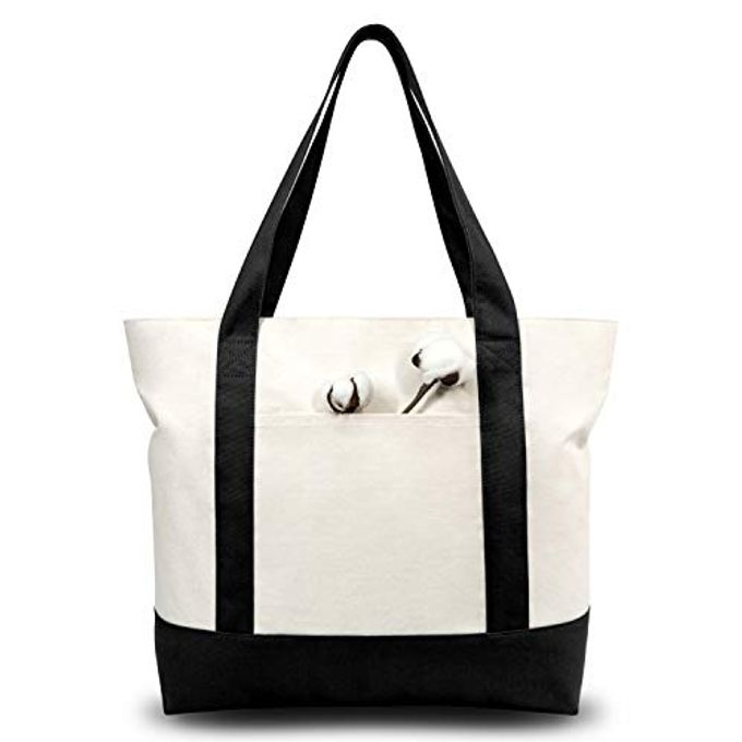 TOPDesign 30-Pack Canvas Tote Bags With An External Pocket, Reusable Grocery Shopping Bags, Top Zipper Closure, Daily Essentials (Black/Natural) - Image 4