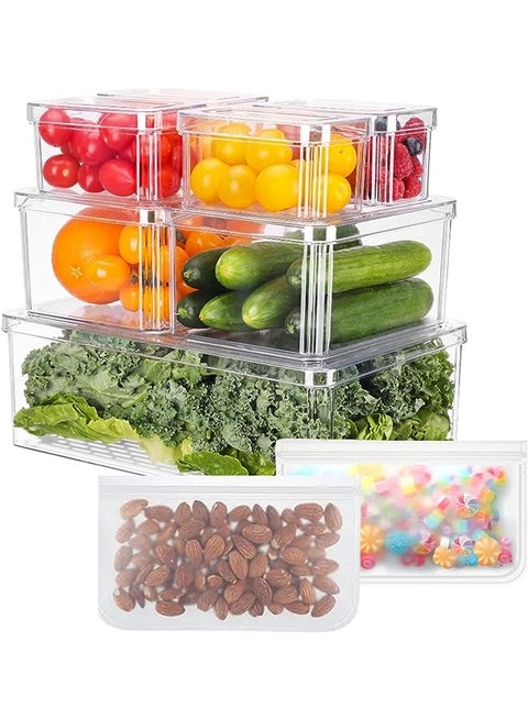 Fridge organizer storage bins, clear plastic BPA-free Multi purpose container for refrigerator, kitchen, pantry etc (9 pc with Lid)