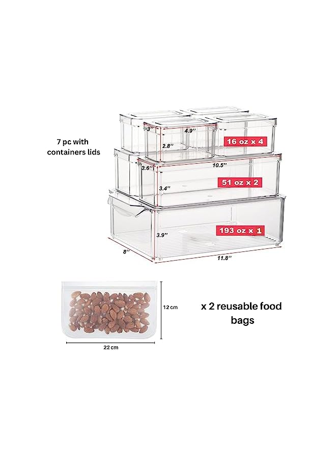 Fridge organizer storage bins, clear plastic BPA-free Multi purpose container for refrigerator, kitchen, pantry etc (9 pc with Lid)