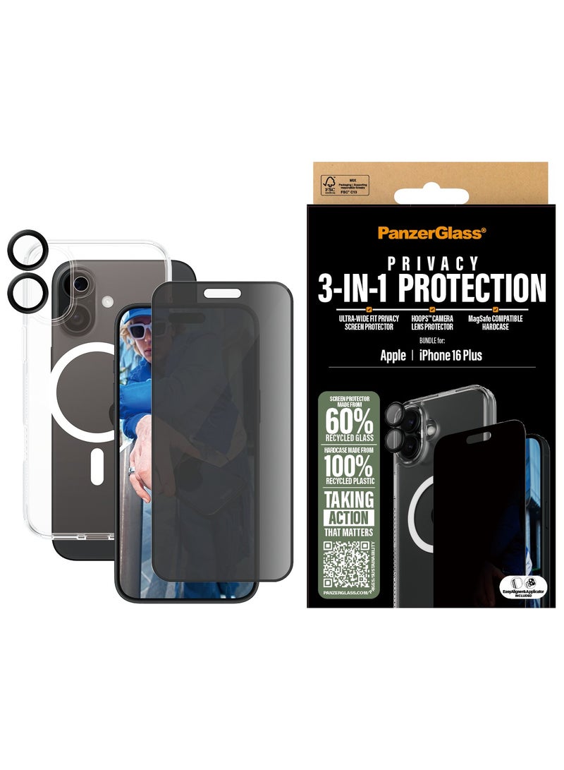 PanzerGlass حزمة حماية بانزر جلاس® 3 في 1 لجهاز آبل آيفون 16 بلس، واقي شاشة، غلاف صلب متوافق مع ماغسيف، واقي عدسة الكاميرا، زجاج مقسى - مع مساعدة التركيب لتسهيل التثبيت - Image 1