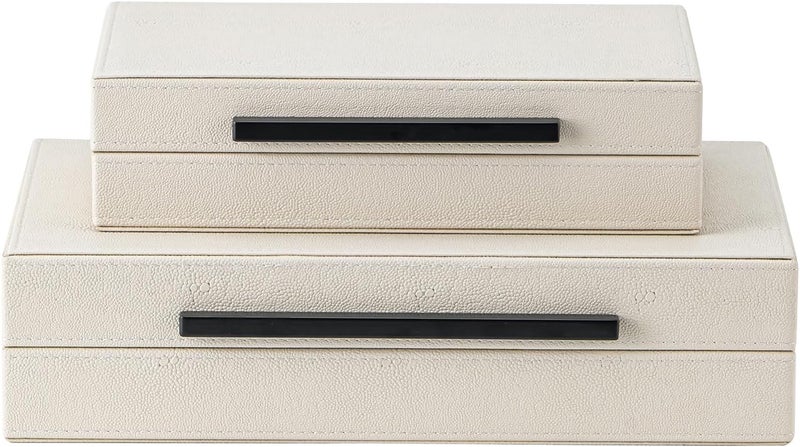 XIGEXIGE Set of 2 Beige Shagreen Decorative Storage Boxes with Black Metal Handles –Faux Leather Large Modern Stackable Nesting Jewelry Box with Lids Organizer - Image 1