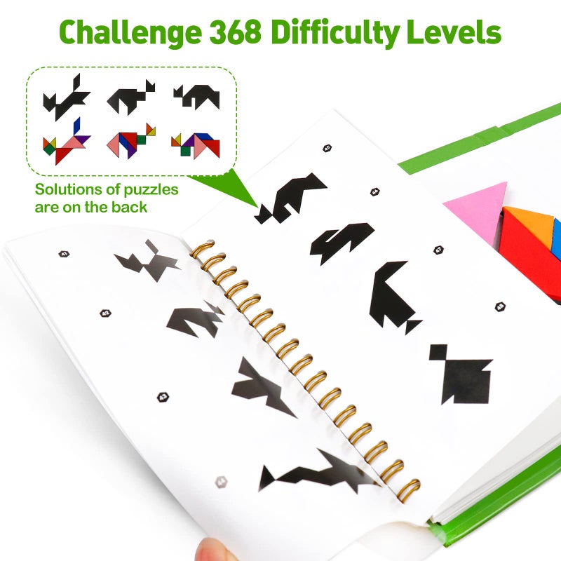 USATDD Travel Tangram Puzzle with 2 Set, Magnetic Pattern Blocks Road Trip Travel Games Jigsaw Montessori Brain Blocks IQ Book with 368 Solution Brain Teasers for Kids Adults Challenge - Image 4