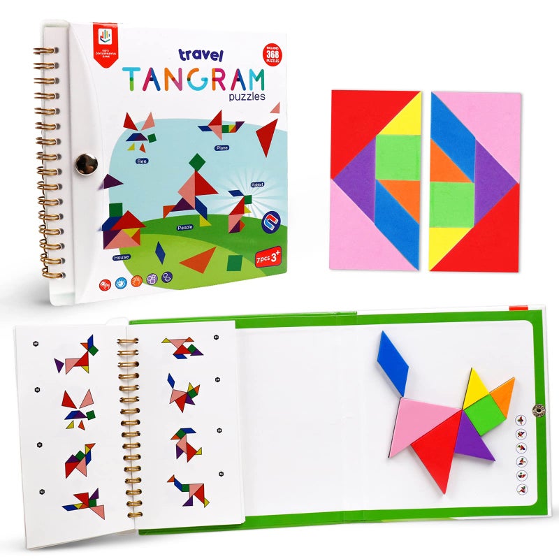 USATDD Travel Tangram Puzzle with 2 Set, Magnetic Pattern Blocks Road Trip Travel Games Jigsaw Montessori Brain Blocks IQ Book with 368 Solution Brain Teasers for Kids Adults Challenge - Image 1