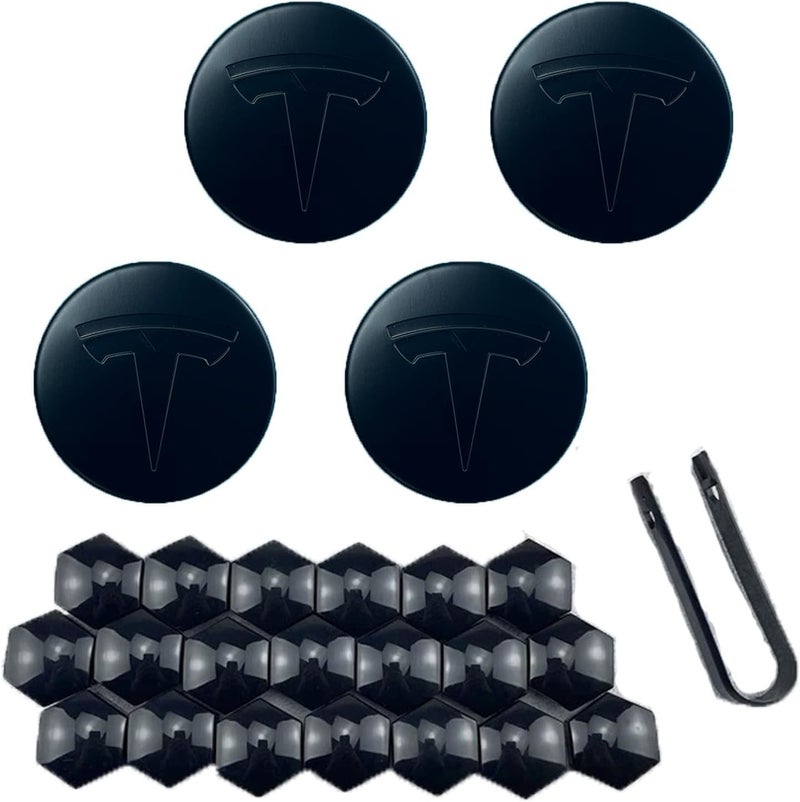 Tesheer Wheel Center Hub Cap Kit with Tesla Emble Brand Center Caps for Model 3 Model Y with 20 Lug Nut Covers (4PCS) (Matte Black) - Image 2