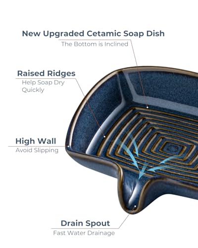 Zoeeker Ceramic Soap Dish, Bar Soap Holder with Drain Spout Self Draining Soap Saver for Shower Bathroom Kitchen Sink Bathtub, Keep Drying, Blue - Image 3