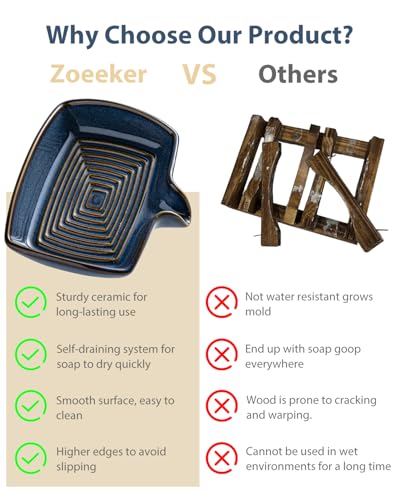 Zoeeker Ceramic Soap Dish, Bar Soap Holder with Drain Spout Self Draining Soap Saver for Shower Bathroom Kitchen Sink Bathtub, Keep Drying, Blue - Image 4