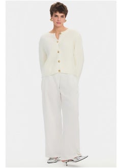 JUNE June Women Crew Neck Gold Button Detailed Knitwear Cardigan Ecru  - Image 1