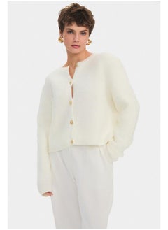 JUNE June Women Crew Neck Gold Button Detailed Knitwear Cardigan Ecru  - Image 3