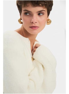 JUNE June Women Crew Neck Gold Button Detailed Knitwear Cardigan Ecru  - Image 4